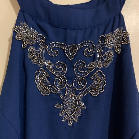 Embellished Blue Halter Knit Lined Sleeveless Keyhole back Midi Dress. Size XS - Picture 3 of 9